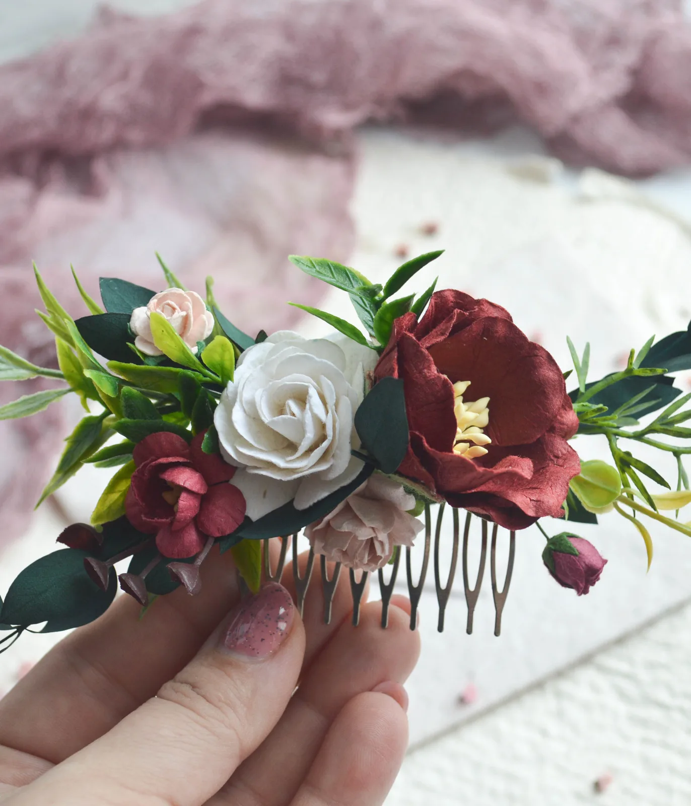Burgundy Silk Floral Hair Comb for Bride 2