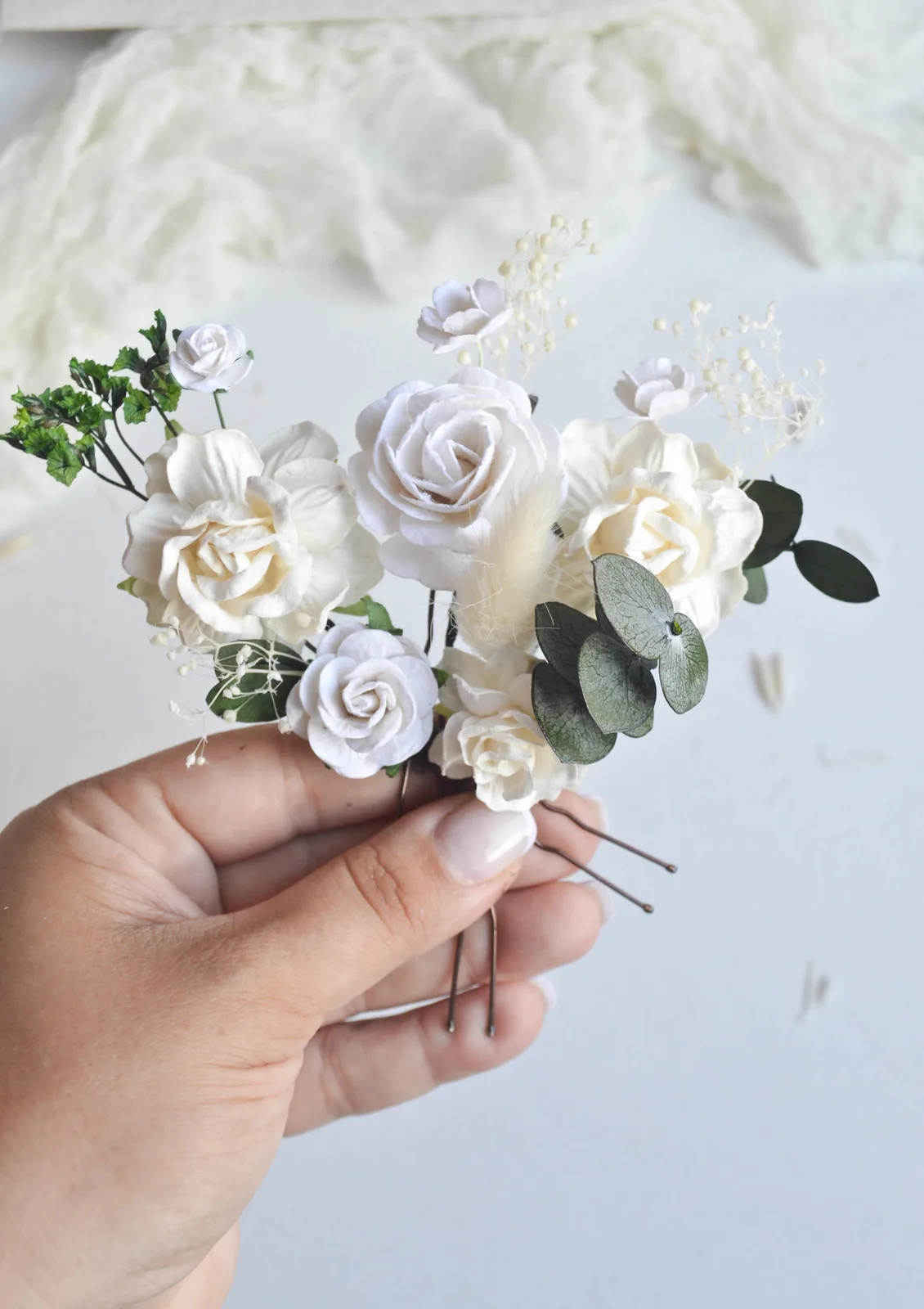 White Silk Flower Hair Pins for Bride 3