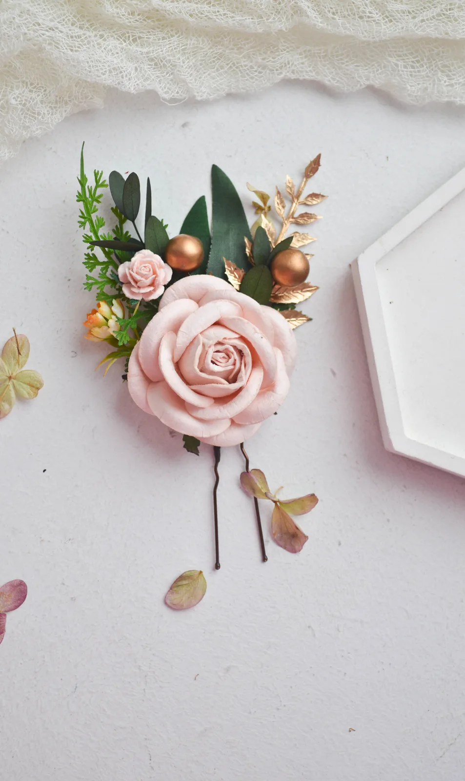 Blush Gold Silk Flower Hair Clip 4