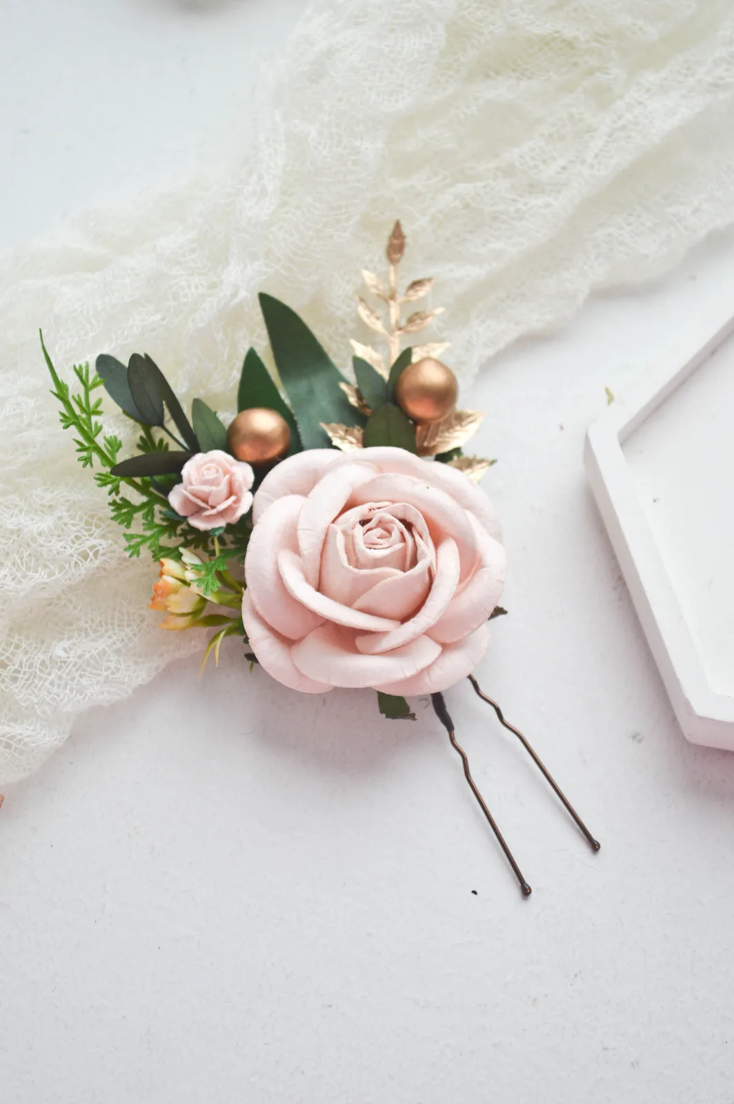 Blush Gold Silk Flower Hair Clip 7