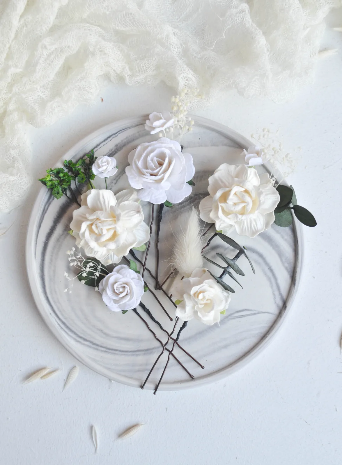 White Silk Flower Hair Pins for Bride 4