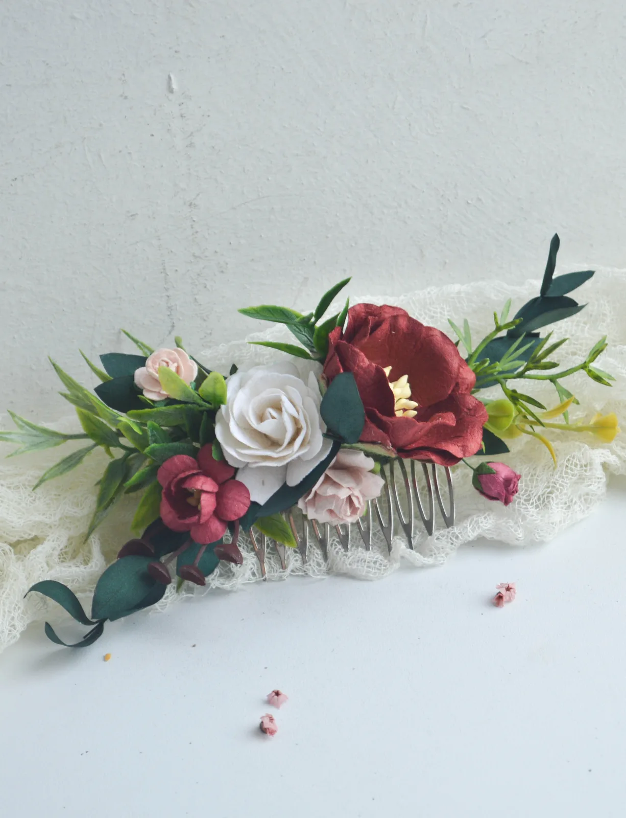 Burgundy Silk Floral Hair Comb for Bride 3
