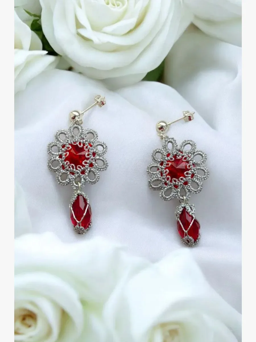 "Openwork Ruby" Tatted Lace Earrings 7
