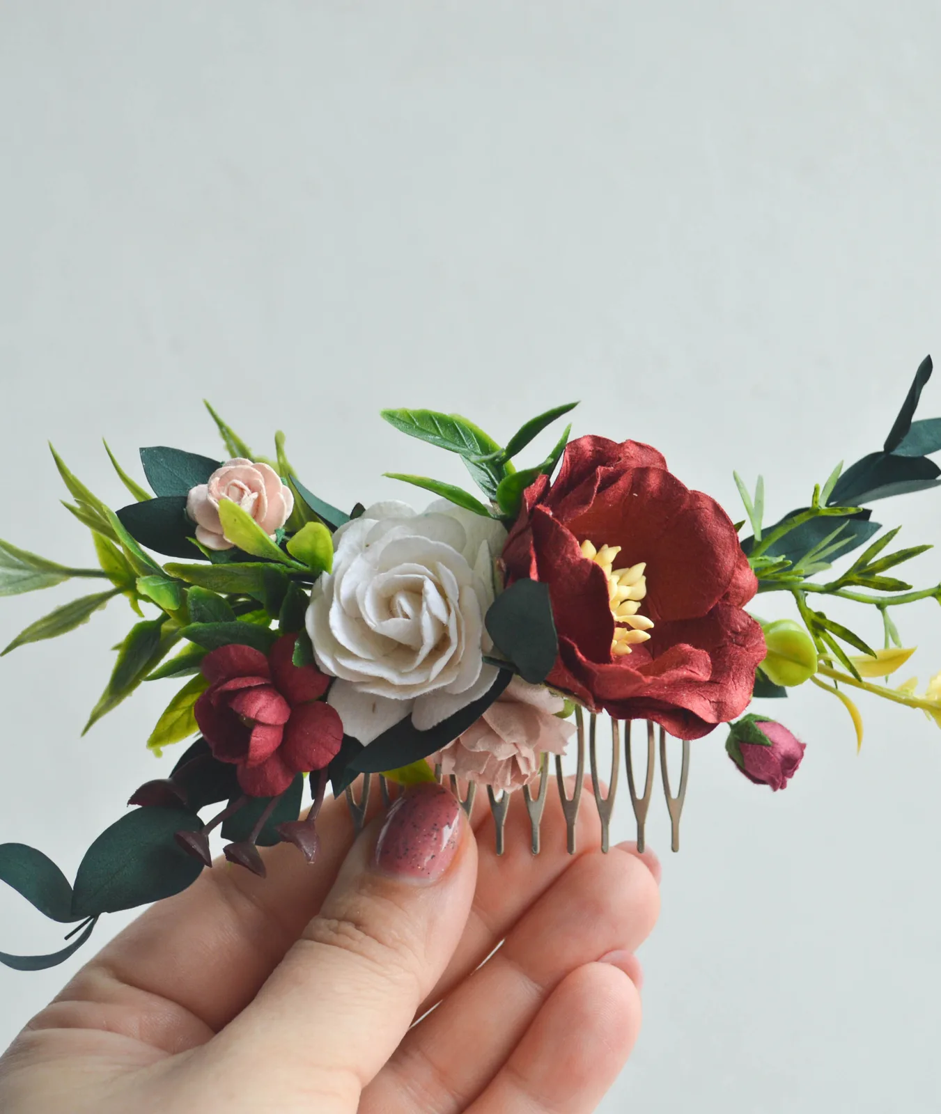 Burgundy Silk Floral Hair Comb for Bride 1