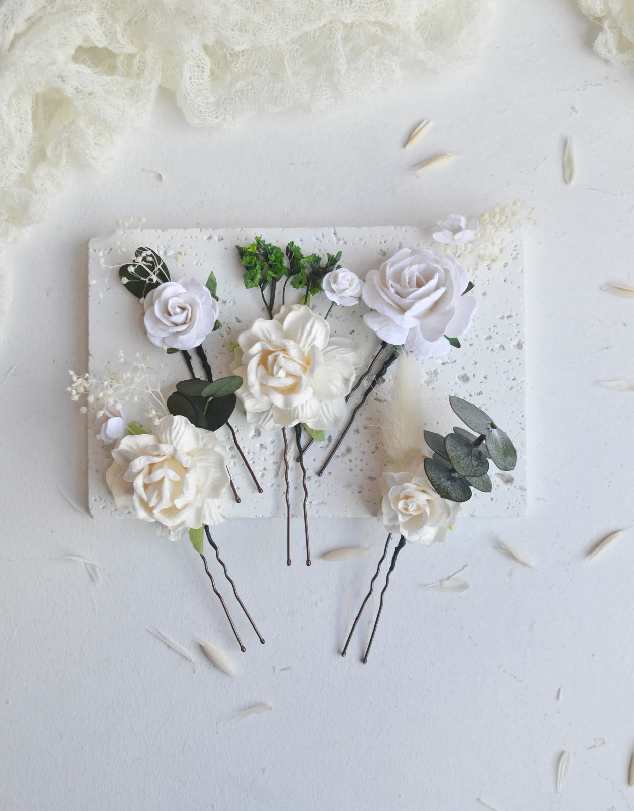 White Silk Flower Hair Pins for Bride 2