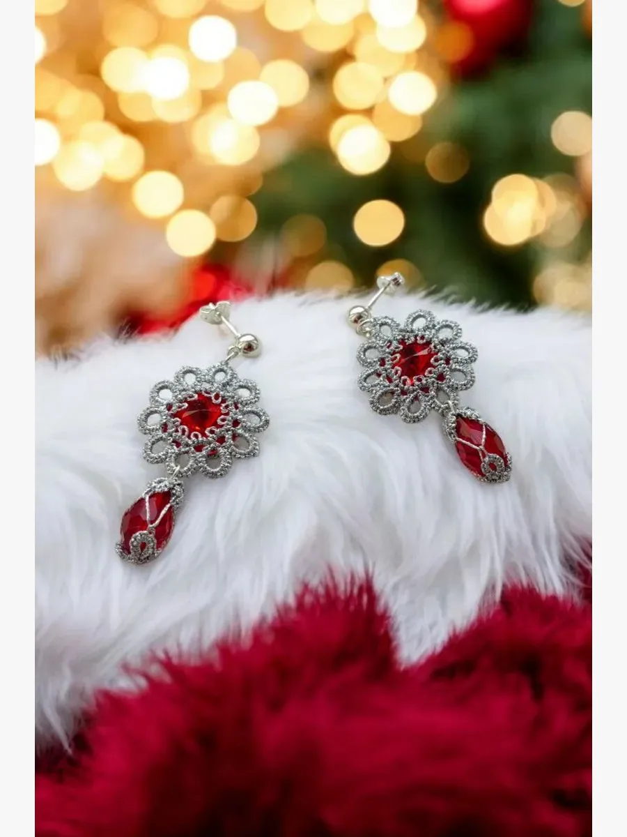 "Openwork Ruby" Tatted Lace Earrings 6