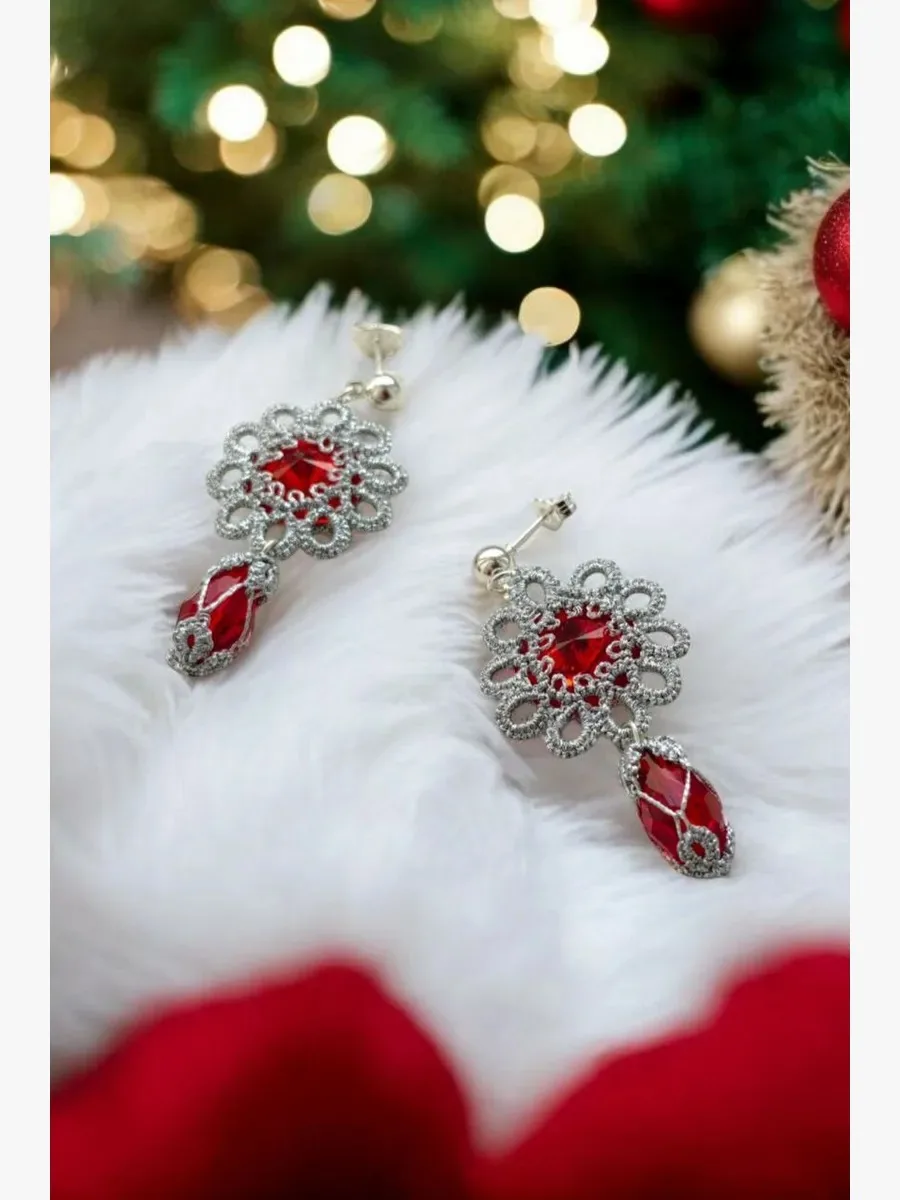 "Openwork Ruby" Tatted Lace Earrings 5