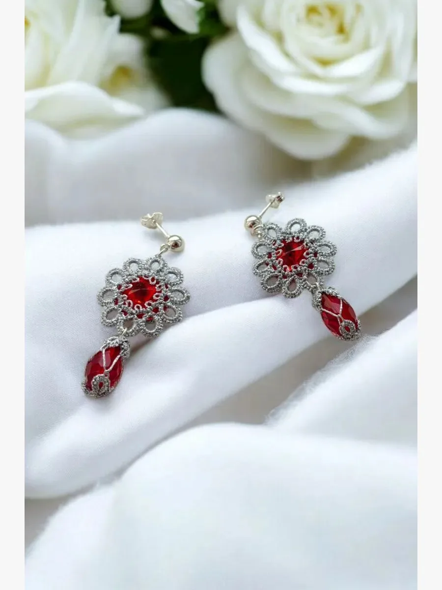 "Openwork Ruby" Tatted Lace Earrings 2