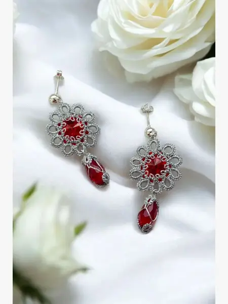 "Openwork Ruby" Tatted Lace Earrings