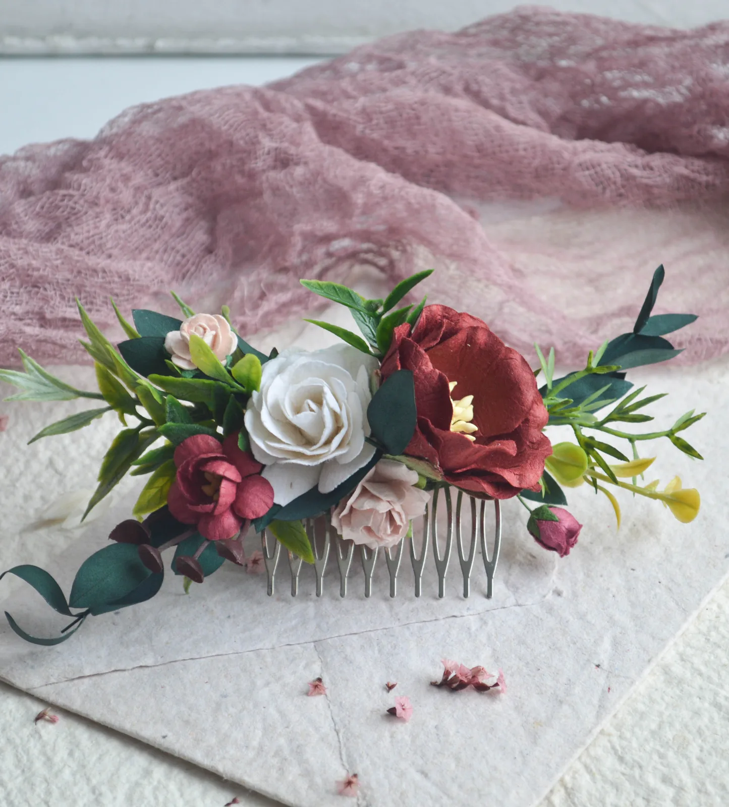 Burgundy Silk Floral Hair Comb for Bride 4