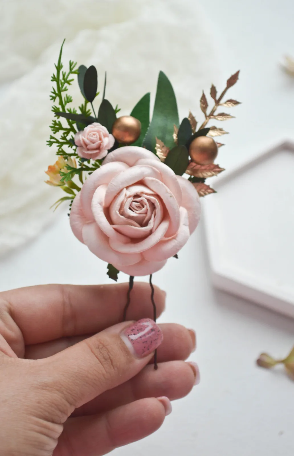 Blush Gold Silk Flower Hair Clip 2