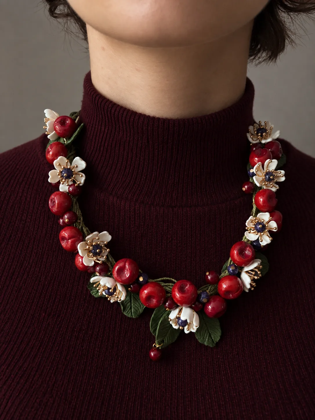 Колье «Черешня» ручной работы из полимерной глины / Handmade Cherry Blossom Statement Necklace 1