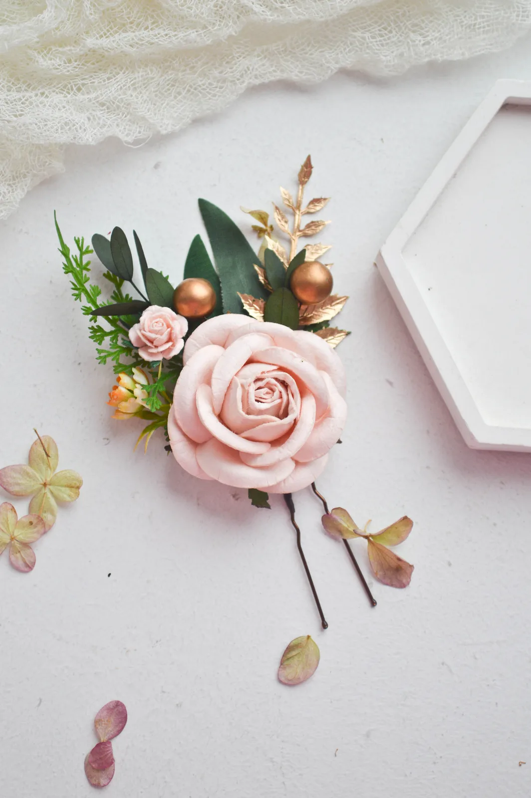 Blush Gold Silk Flower Hair Clip 5