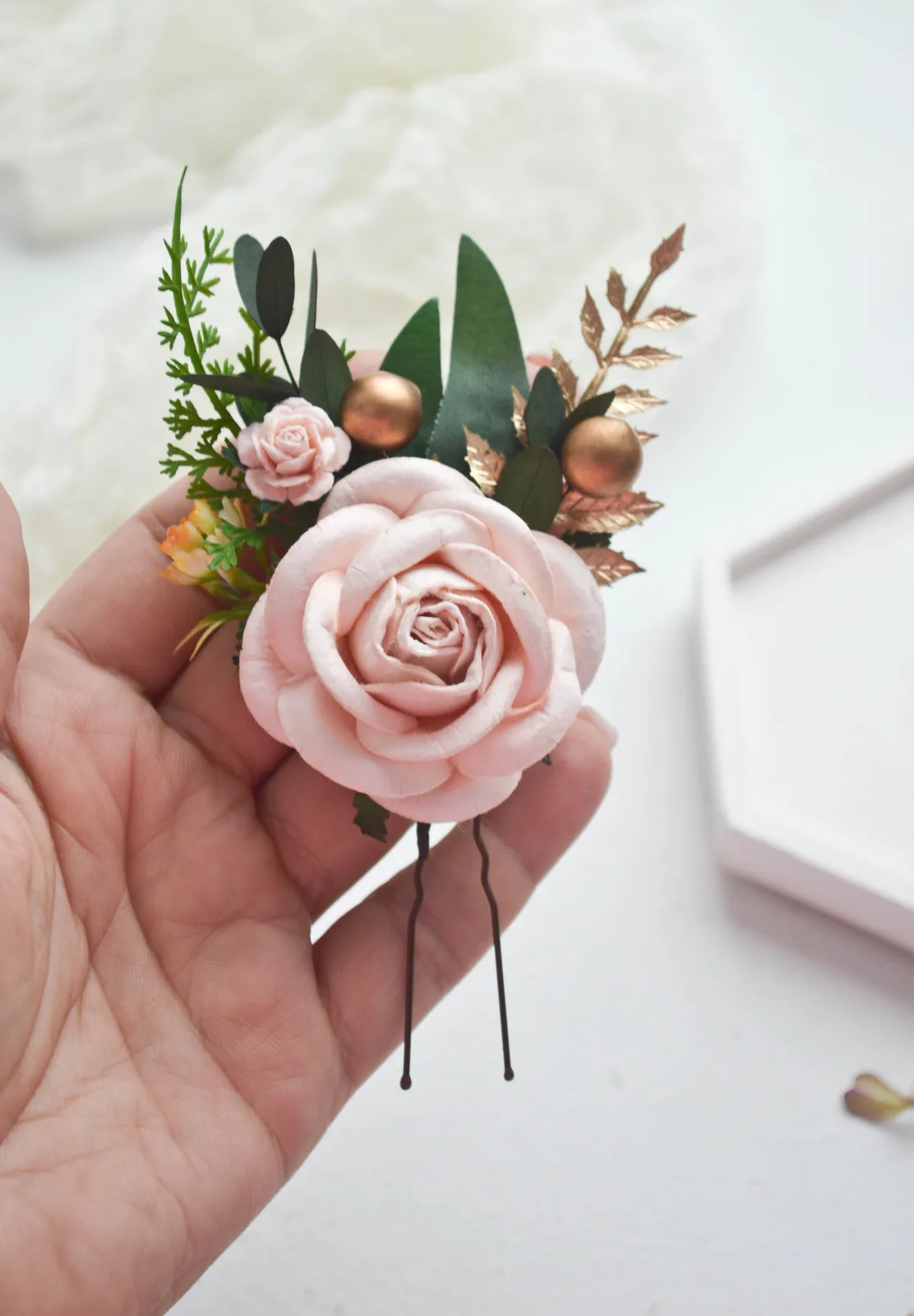 Blush Gold Silk Flower Hair Clip 3