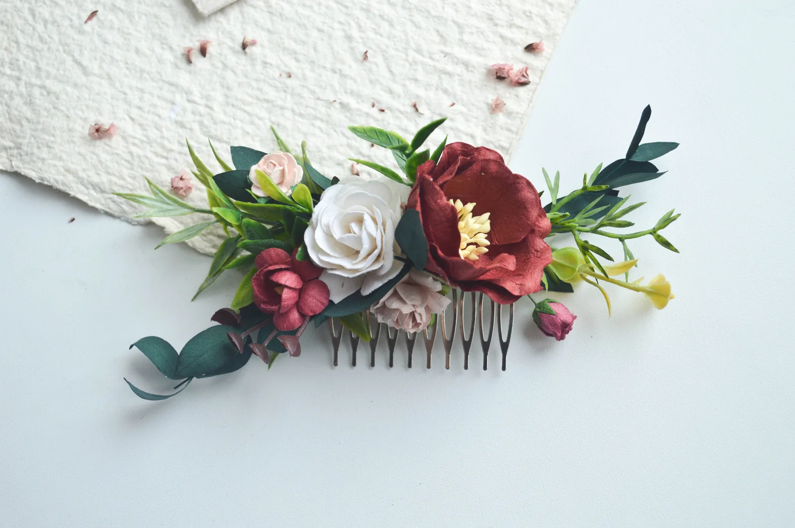 Burgundy Silk Floral Hair Comb for Bride 5