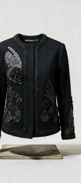 Tweed jacket with leather flower and bead appliqué