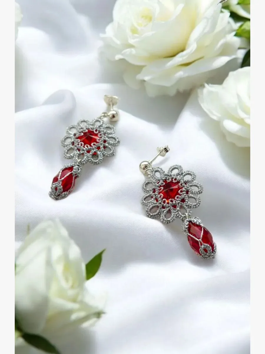 "Openwork Ruby" Tatted Lace Earrings 3