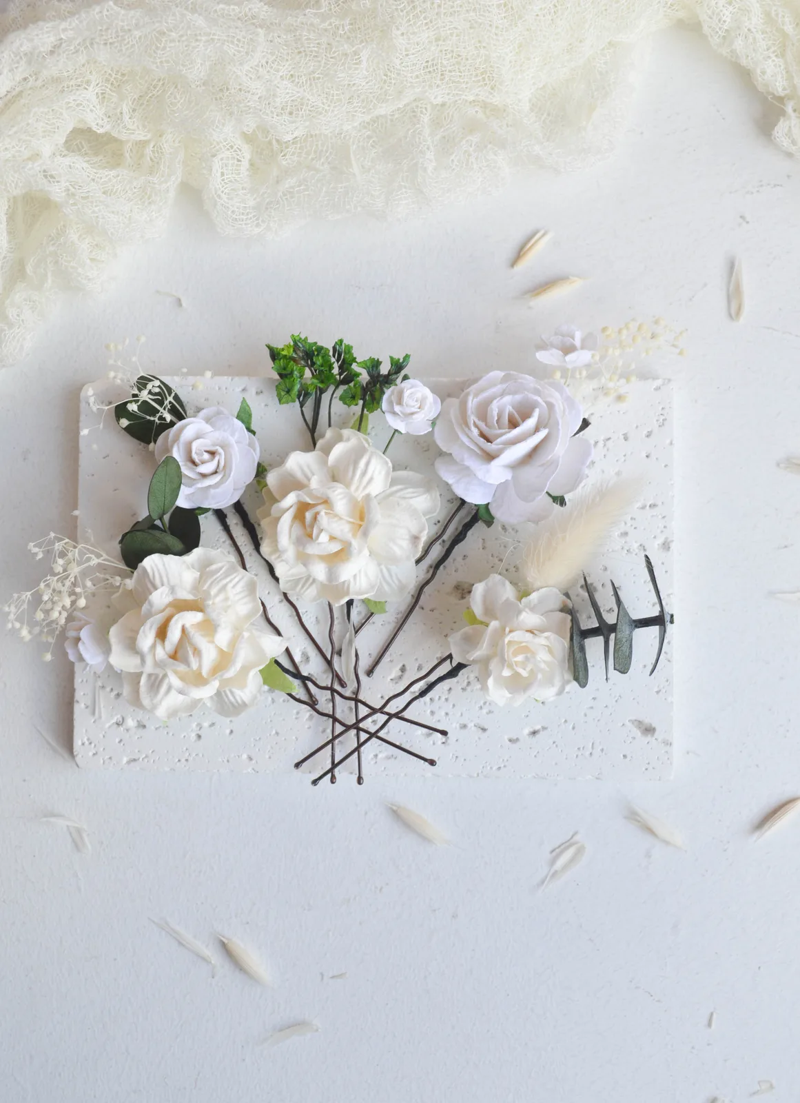 White Silk Flower Hair Pins for Bride 1