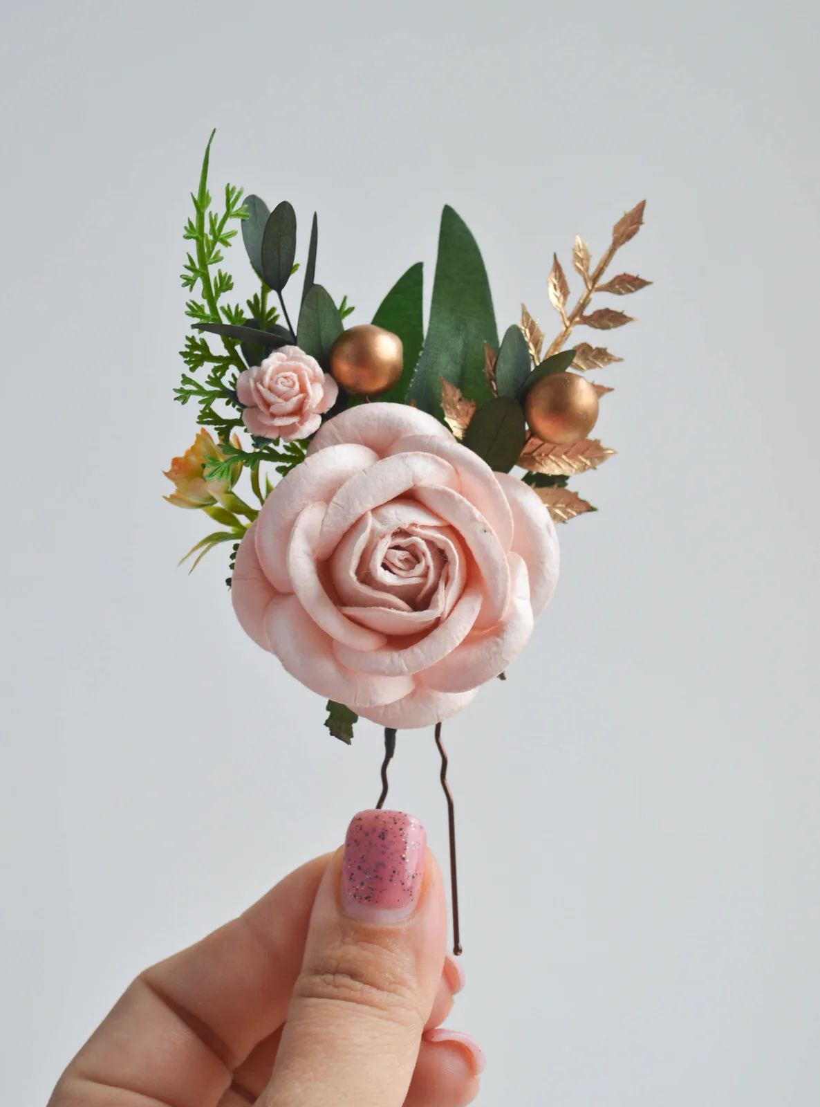 Blush Gold Silk Flower Hair Clip 1