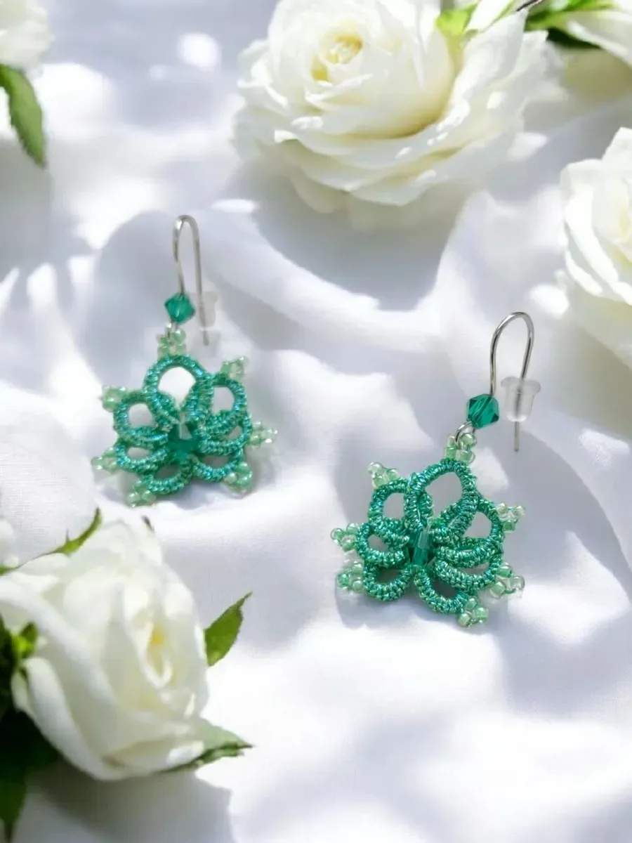 "Green Lotus" Sparkling Tatted Lace Earrings 6