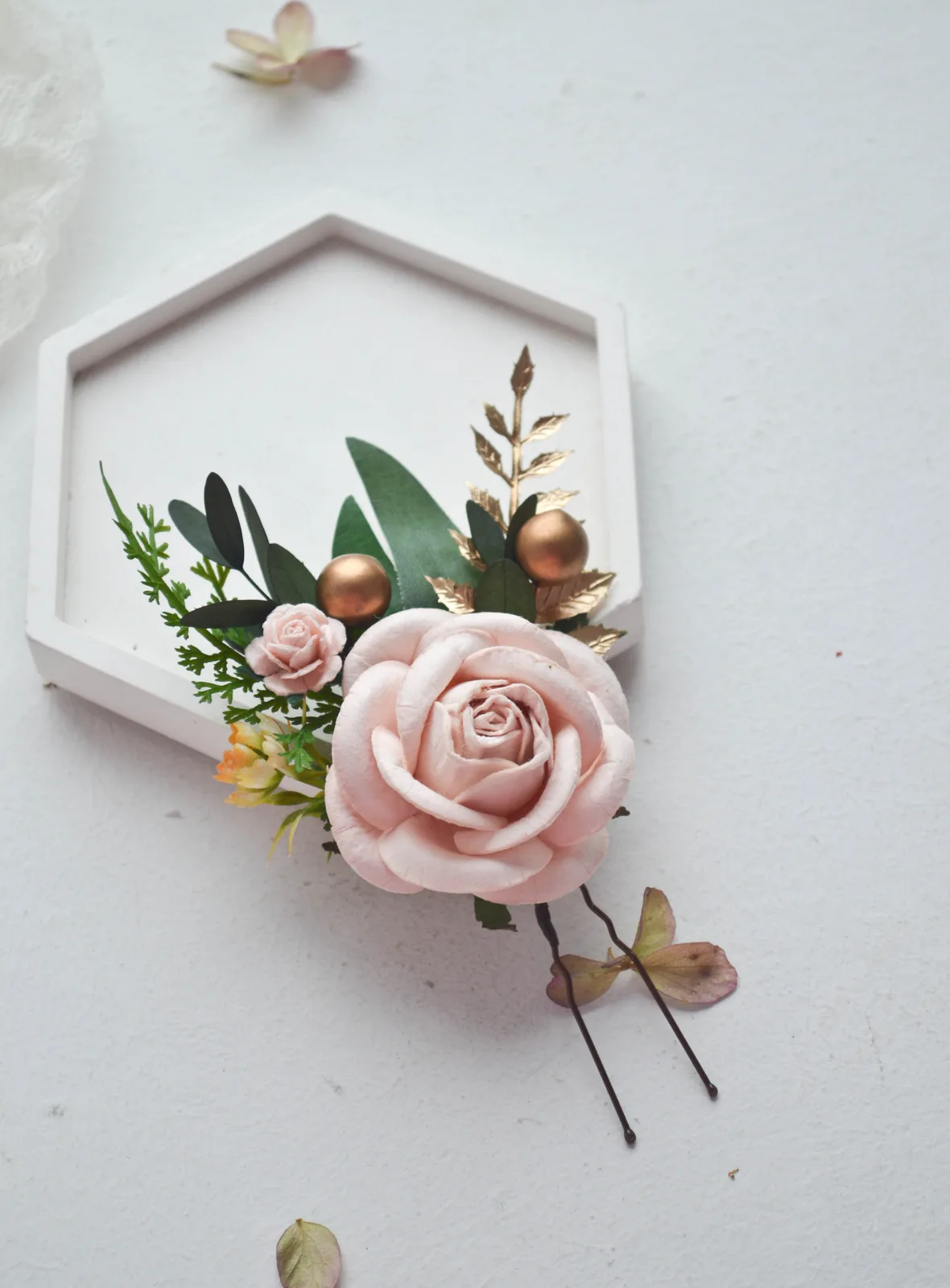 Blush Gold Silk Flower Hair Clip 6