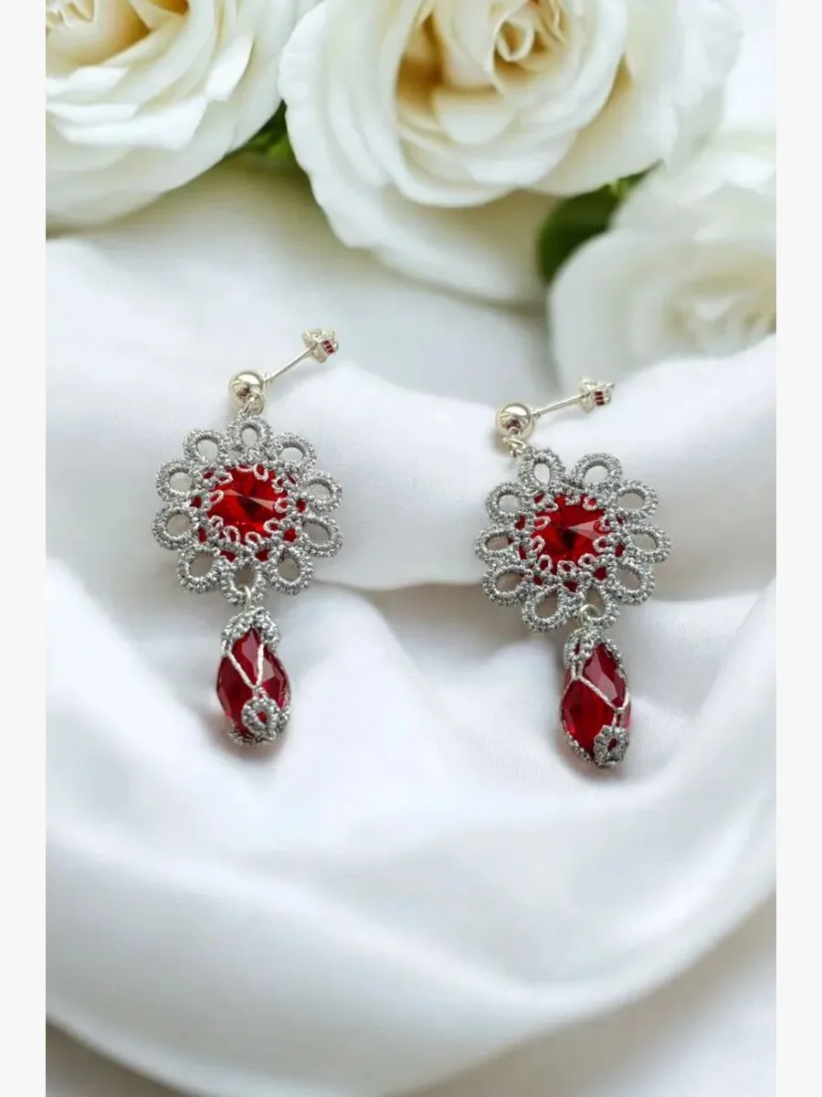 "Openwork Ruby" Tatted Lace Earrings 4